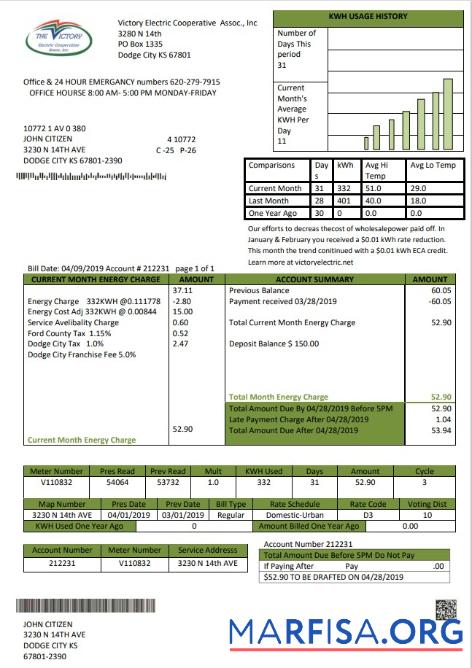 Printable USA Kansas Victory Electric utility bill template in Word and PDF format